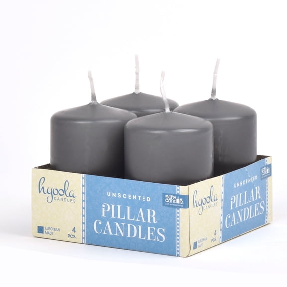 Hyoola 2 x 3 Dark Grey Unscented European Made Pillar Candles, Dripless Paraffin Wax with Smokeless Cotton Wicks, 4-Pack