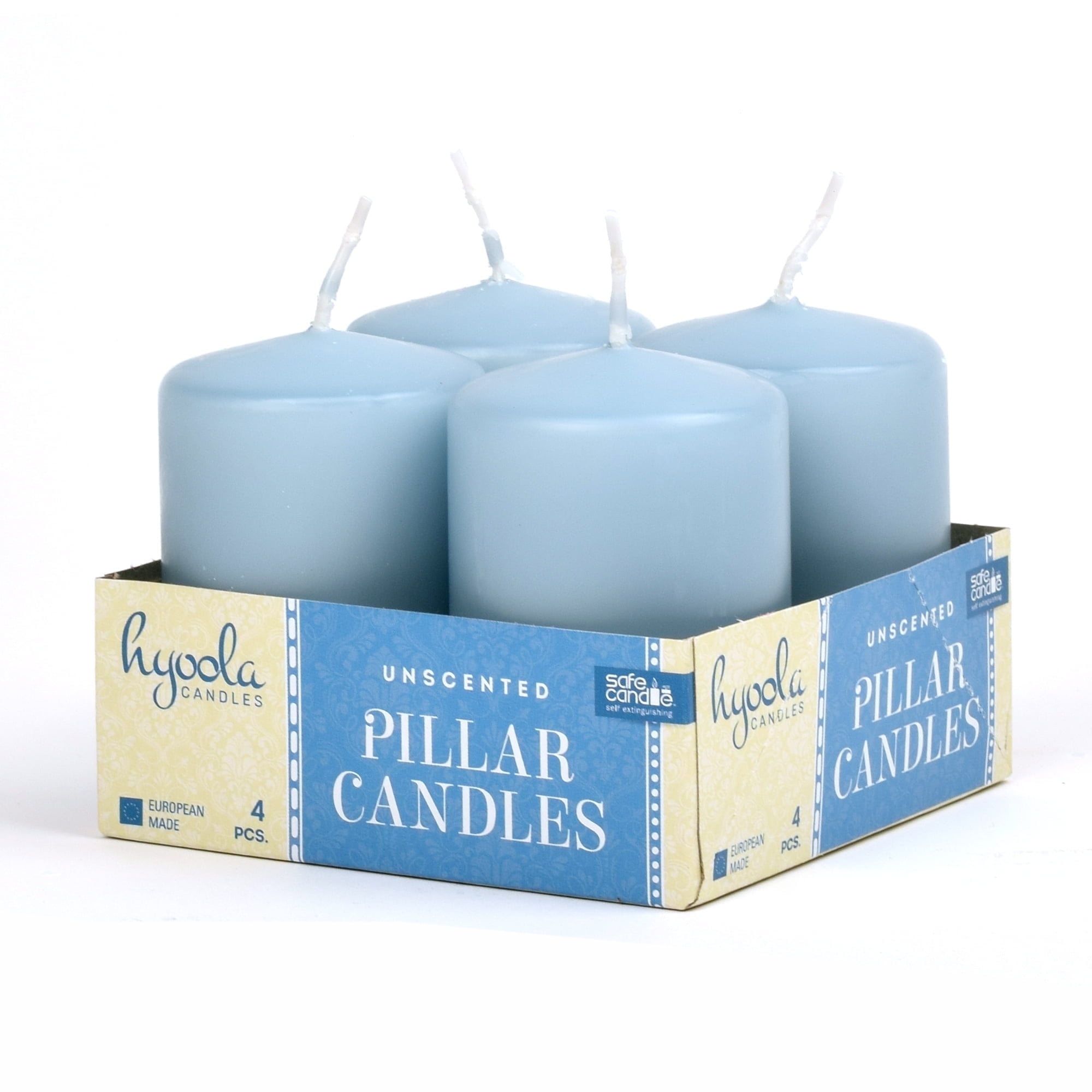 Hyoola 2 x 3 Ice Blue Unscented European Made Pillar Candles, Dripless Paraffin Wax with Smokeless Cotton Wicks, 4-Pack