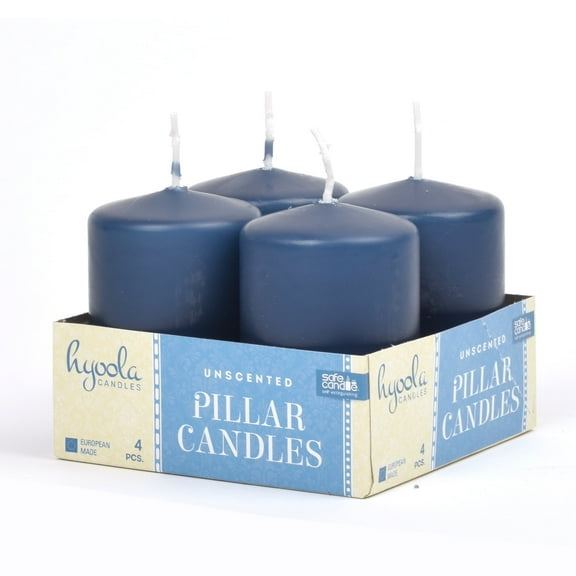 Hyoola 2 x 3 Midnight Blue Unscented European Made Pillar Candles, Dripless Paraffin Wax with Smokeless Cotton Wicks, 4-Pack