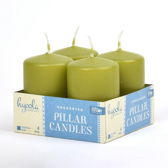 Hyoola 2 x 3 Olive Green Unscented European Made Pillar Candles, Dripless Paraffin Wax with Smokeless Cotton Wicks, 4-Pack