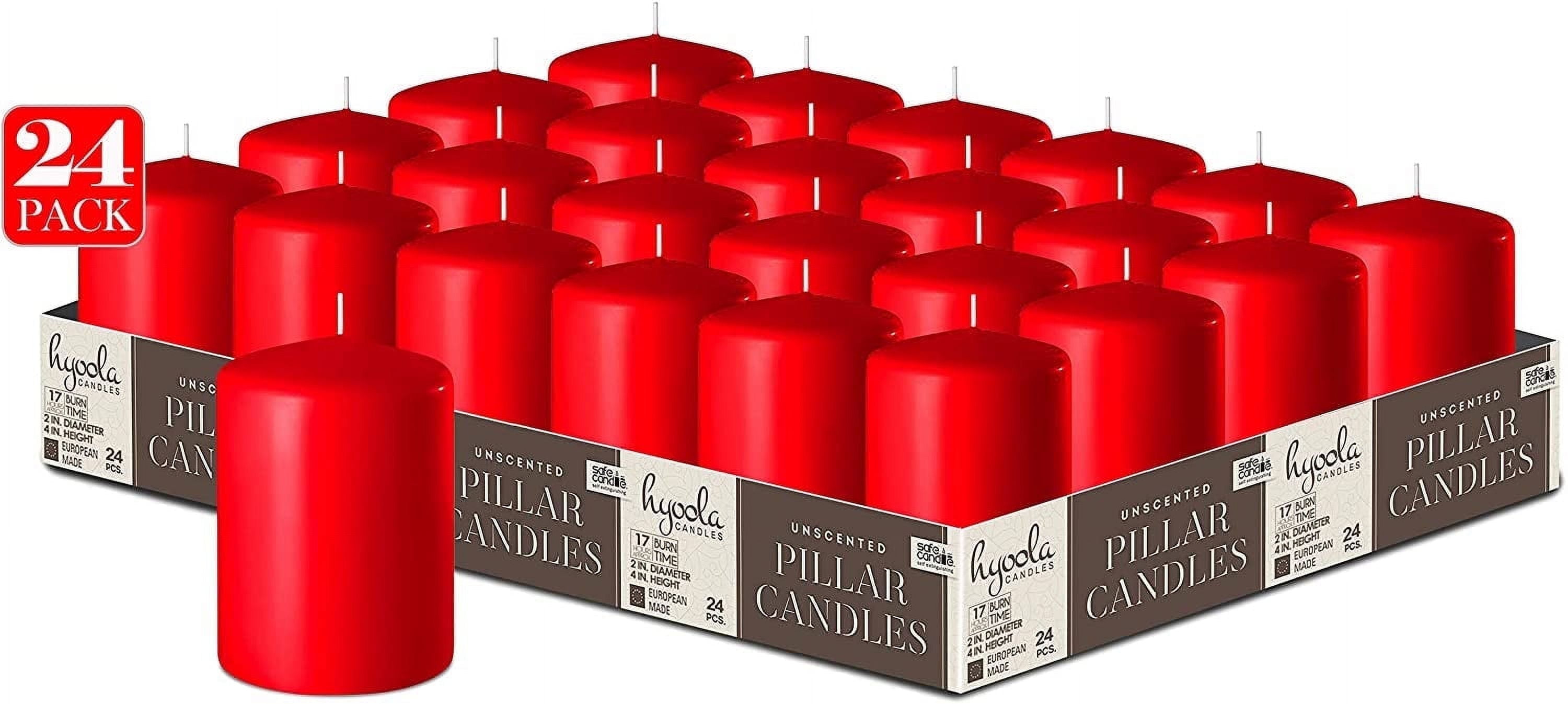 Hyoola 2 x 3 Red Unscented European Made Pillar Candles, Dripless Paraffin Wax with Smokeless Cotton Wicks, 24-Pack