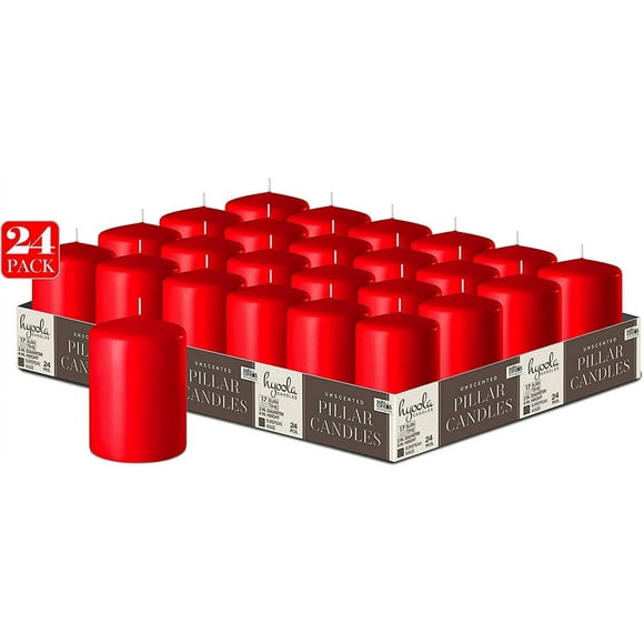 Hyoola 2 x 3 Red Unscented European Made Pillar Candles, Dripless Paraffin Wax with Smokeless Cotton Wicks, 24-Pack