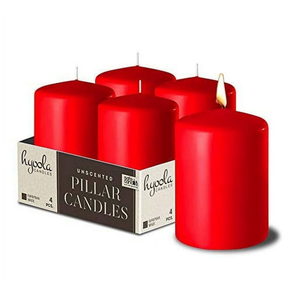 Hyoola 2 x 3 Red Unscented European Made Pillar Candles, Dripless Paraffin Wax with Smokeless Cotton Wicks, 4-Pack