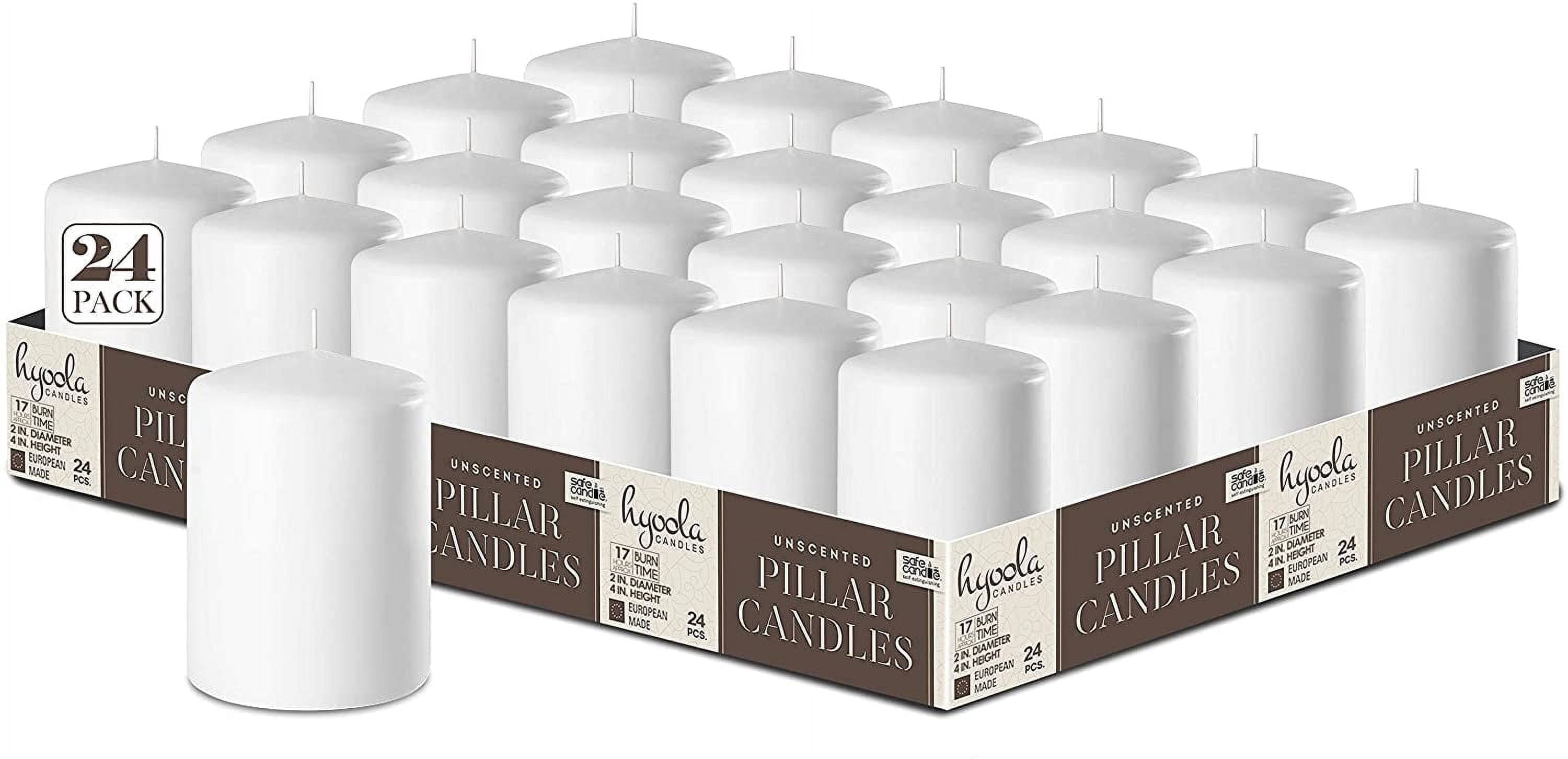 Hyoola 2 x 3 White Unscented European Made Pillar Candles, Dripless Paraffin Wax with Smokeless Cotton Wick, 24-Pack