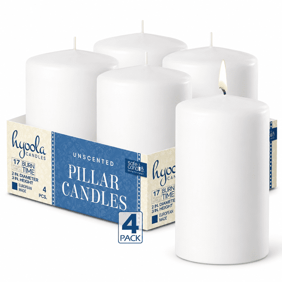 Hyoola 2 x 3 White Unscented European Made Pillar Candles, Dripless Paraffin Wax with Smokeless Cotton Wicks, 4-Pack
