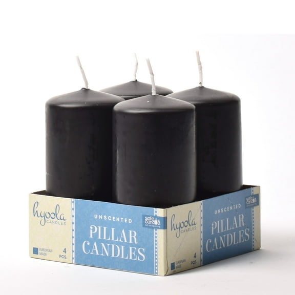 Hyoola 2 x 4 Black Unscented European Made Pillar Candles, Dripless Paraffin Wax with Smokeless Cotton Wicks, 4-Pack