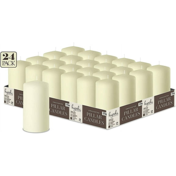 Hyoola 2 x 4 Ivory Unscented European Made Pillar Candles, Dripless Paraffin Wax with Smokeless Cotton Wicks, 24-Pack