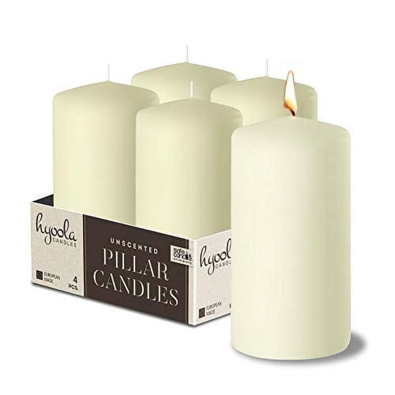 Hyoola 2 x 4 Ivory Unscented European Made Pillar Candles, Dripless Paraffin Wax with Smokeless Cotton Wicks, 4-Pack
