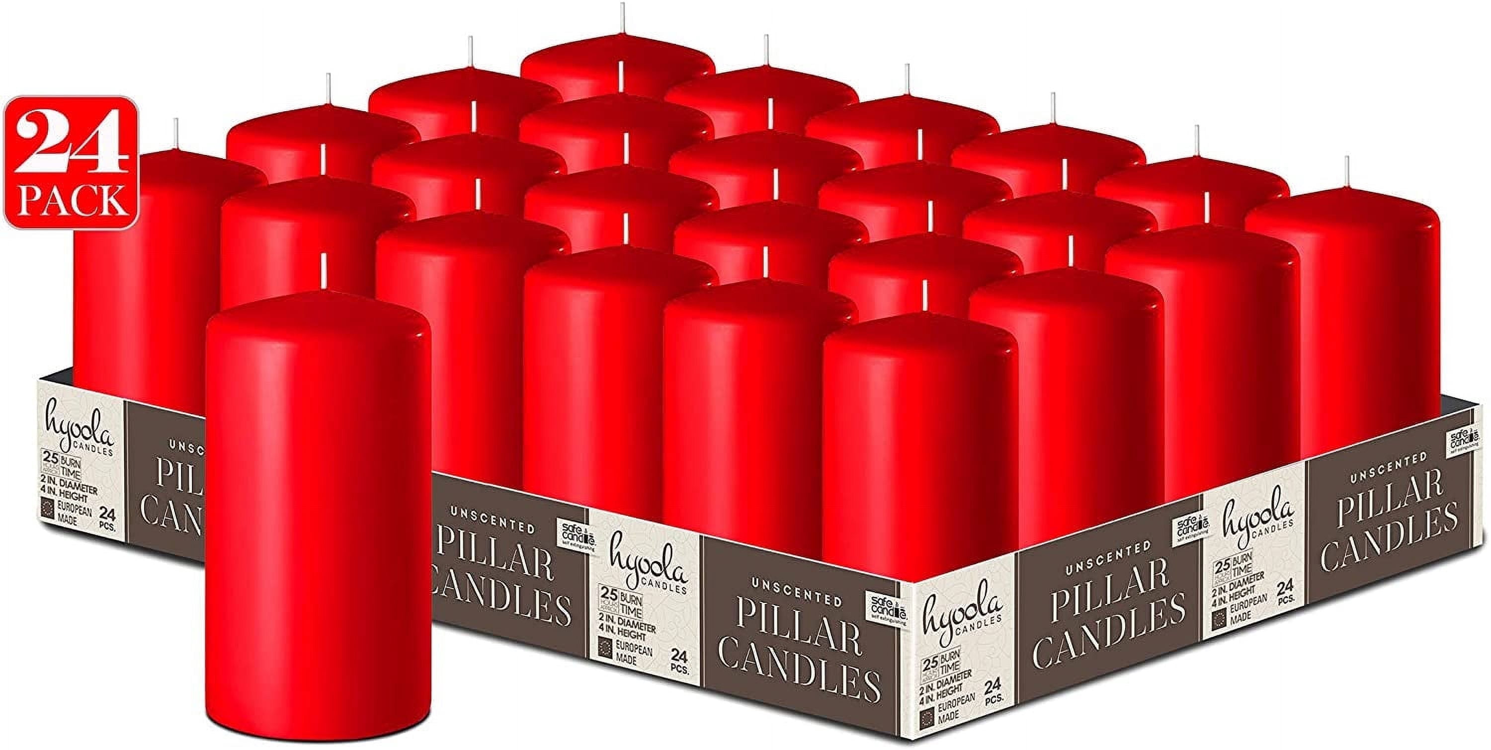 Hyoola 2 x 4 Red Unscented European Made Pillar Candles, Dripless Paraffin Wax with Smokeless Cotton Wicks, 24-Pack