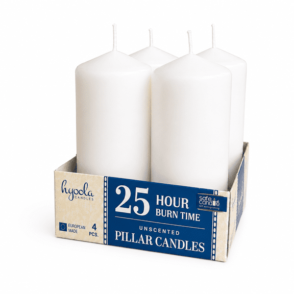 Hyoola 2" x 4" White Pillar Candles, 4 Pack, 25 Hour Burn Time, Dripless & Unscented, European Made with Smokeless Cotton Wicks for Weddings, Centerpieces, Events, Church & Home Decor