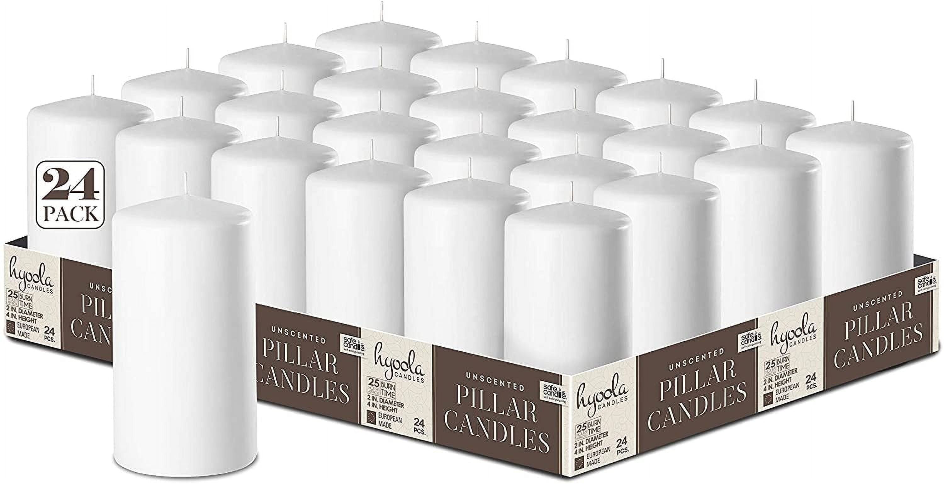Hyoola 2 x 4 White Unscented European Made Pillar Candles, Dripless Paraffin Wax with Smokeless Cotton Wick, 24-Pack