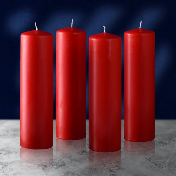 Hyoola 2 x 8 Red Unscented European Made Pillar Candles, Dripless Paraffin Wax with Smokeless Cotton Wicks, 4-Pack