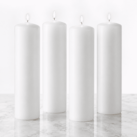 Hyoola 2" x 8" White Pillar Candles, 4 Pack, 56 Hour Burn Time, Dripless & Unscented, European Made with Smokeless Cotton Wicks for Weddings, Centerpieces, Events, Church & Home Decor
