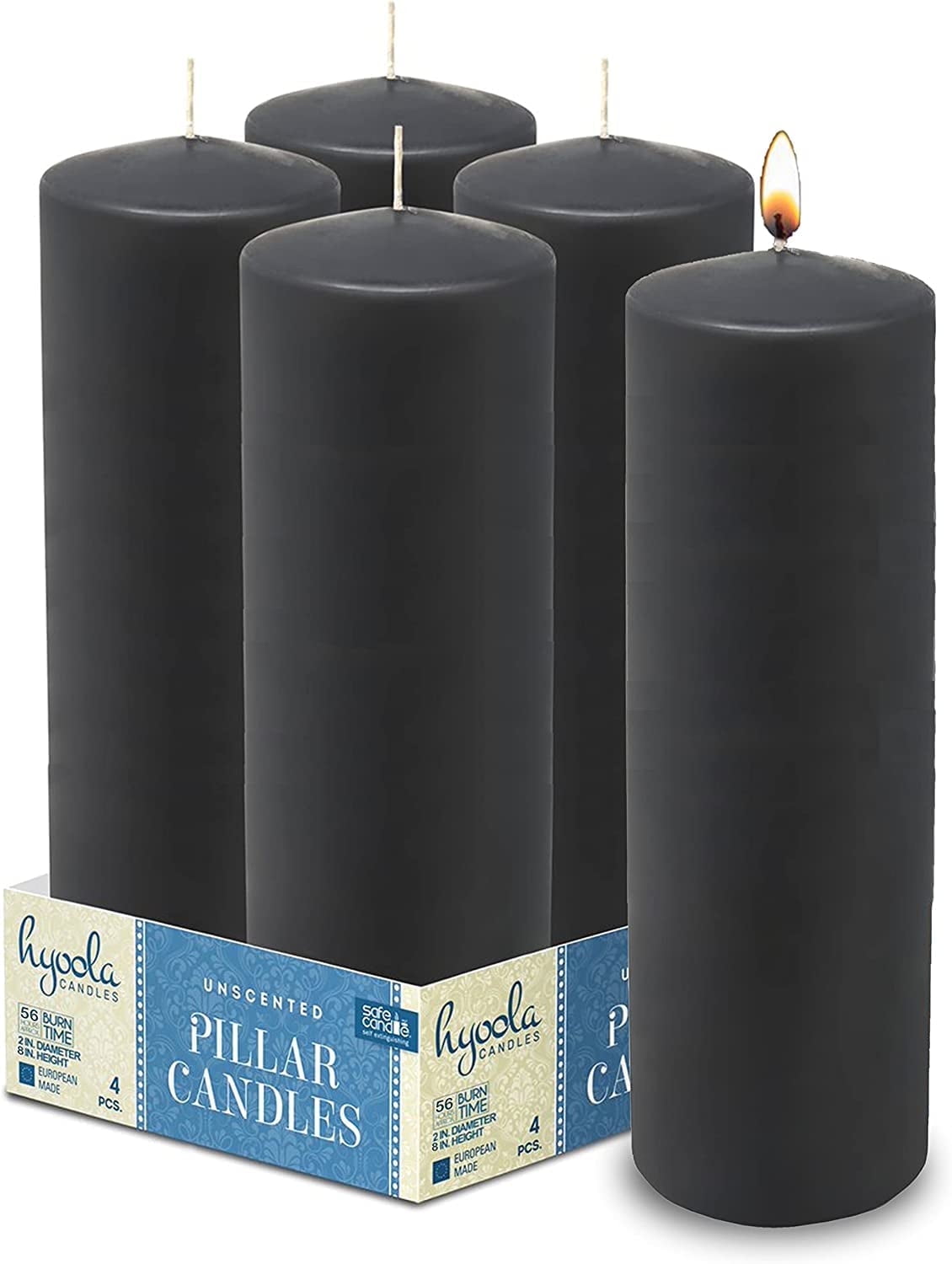 Hyoola 2 x 9 Dark Grey Unscented European Made Pillar Candles, Dripless Paraffin Wax with Smokeless Cotton Wicks, 4-Pack