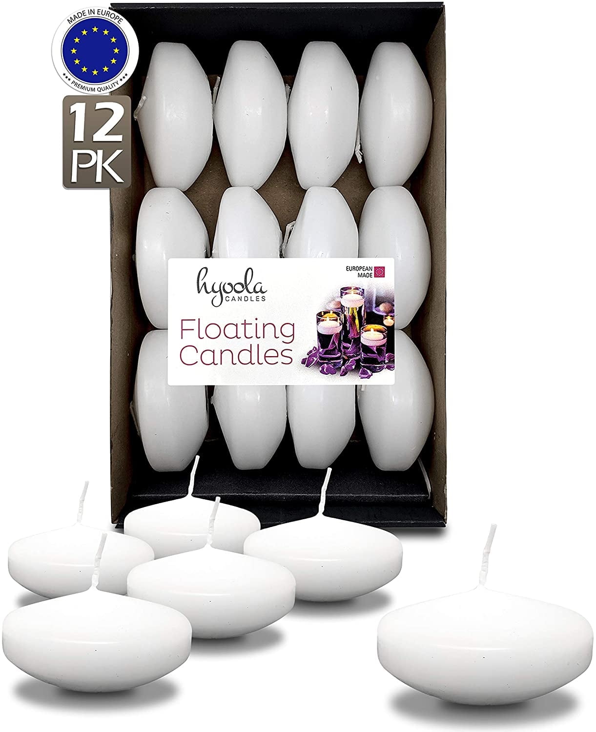 Hyoola 3 inch Round Unscented White European Made Floating Candles, Paraffin Wax with Cotton Wicks, 12-Pack
