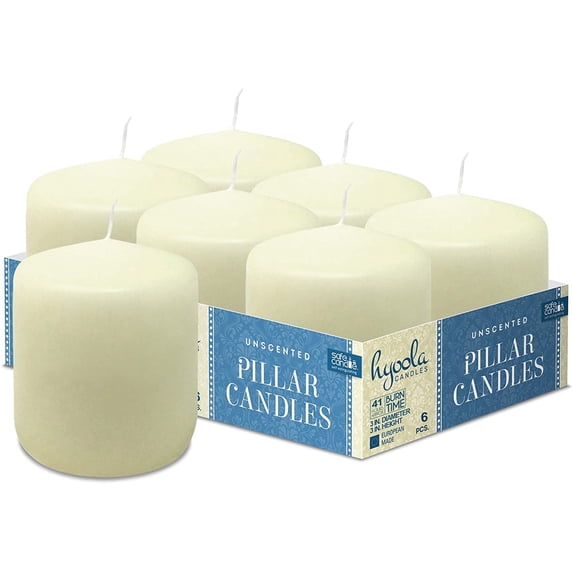 Hyoola 3 x 3 Ivory Unscented European Made Pillar Candles, Dripless Paraffin Wax with Smokeless Cotton Wicks, 6-Pack