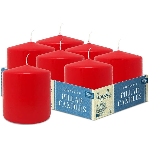 Hyoola 3 x 3 Red Unscented European Made Pillar Candles, Dripless Paraffin Wax with Smokeless Cotton Wicks, 6-Pack