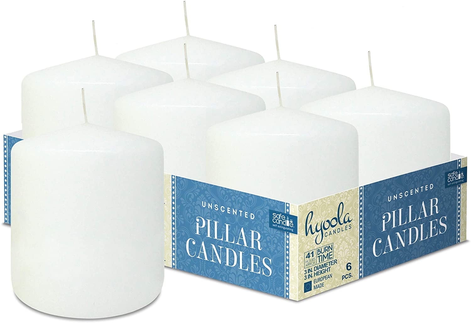 Hyoola 3 x 3 White Unscented European Made Pillar Candles, Dripless