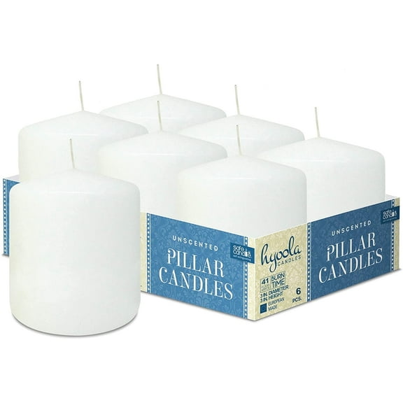 Hyoola 3 x 3 White Unscented European Made Pillar Candles, Dripless Paraffin Wax with Smokeless Cotton Wicks, 6-Pack