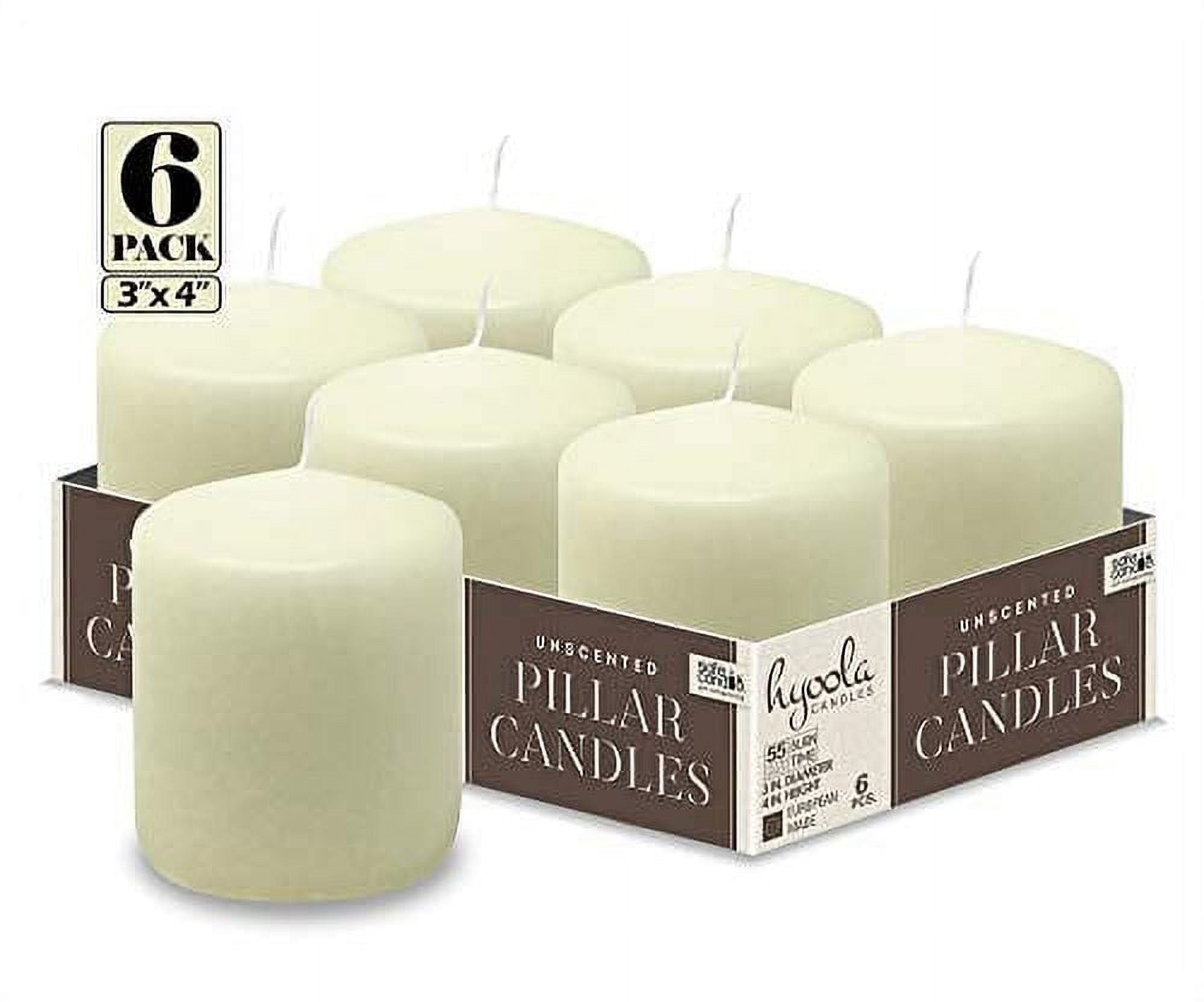 Hyoola 3 x 4 Ivory Unscented European Made Pillar Candles, Dripless Paraffin Wax with Smokeless Cotton Wicks, 6-Pack