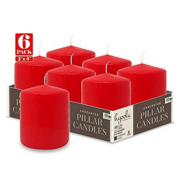 Hyoola 3 x 4 Red Unscented European Made Pillar Candles, Dripless Paraffin Wax with Smokeless Cotton Wicks, 6-Pack