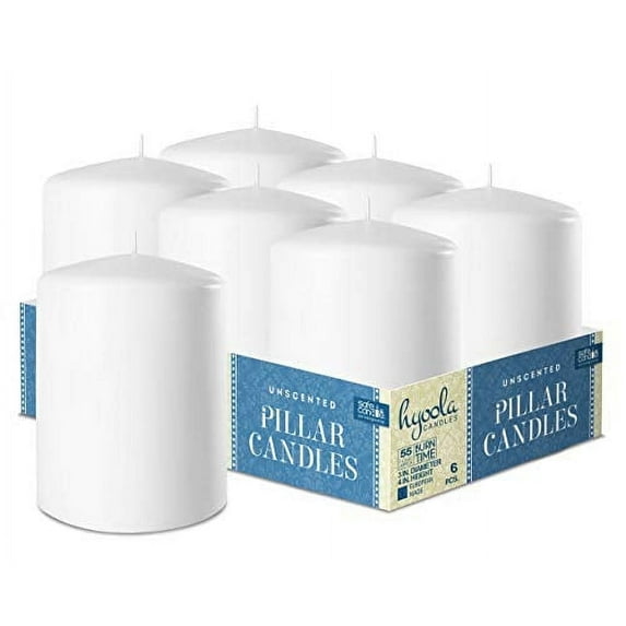 Hyoola 3 x 4 White Unscented European Made Pillar Candles, Dripless Paraffin Wax with Smokeless Cotton Wicks, 6-Pack