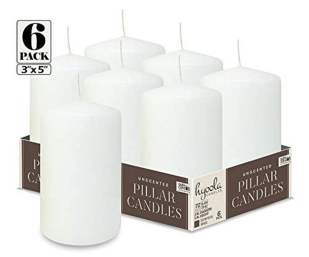 Hyoola 3 x 5 White Unscented European Made Pillar Candles, Dripless Paraffin Wax with Smokeless Cotton Wicks, 6-Pack