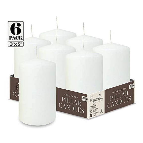 Hyoola 3" x 5" White Pillar Candles, 6 Pack, 72 Hour Burn Time, Dripless & Unscented, European Made with Smokeless Cotton Wicks for Weddings, Centerpieces, Events, Church & Home Decor