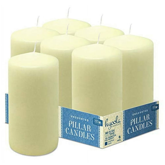 Hyoola 3 x 6 Ivory Unscented European Made Pillar Candles, Dripless Paraffin Wax with Smokeless Cotton Wicks, 6-Pack