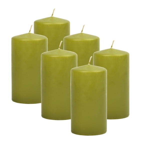 Hyoola 3 x 6 Olive Green Unscented European Made Pillar Candles, Dripless Paraffin Wax with Smokeless Cotton Wicks, 6-Pack