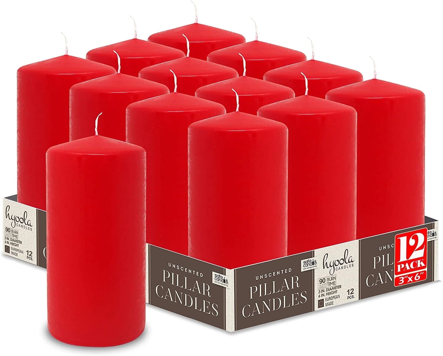 Hyoola 3 x 6 Red Unscented European Made Pillar Candles, Dripless Paraffin Wax with Smokeless Cotton Wicks, 12-Pack