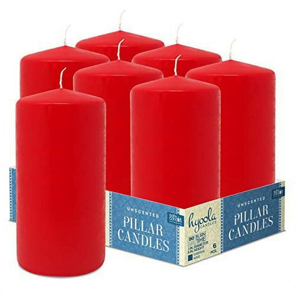 Hyoola 3 x 6 Red Unscented European Made Pillar Candles, Dripless Paraffin Wax with Smokeless Cotton Wicks, 6-Pack