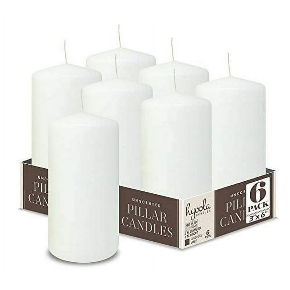 Hyoola 3 x 6 White Unscented European Made Pillar Candles, Dripless Paraffin Wax with Smokeless Cotton Wicks, 6-Pack