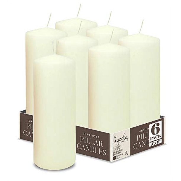 Hyoola 3 x 8 Ivory Unscented European Made Pillar Candles, Dripless