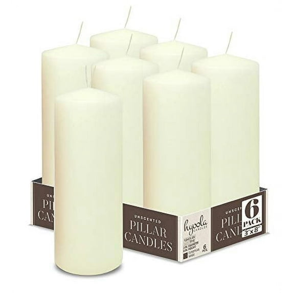 Hyoola 3 x 8 Ivory Unscented European Made Pillar Candles, Dripless Paraffin Wax with Smokeless Cotton Wicks, 6-Pack
