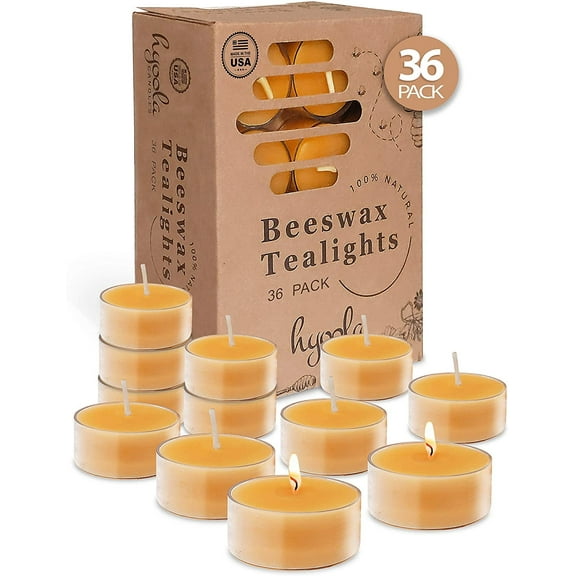 Hyoola, 4.5 Hour Natural Honey Scented Yellow Beeswax Tealight Candles - In Clear Plastic (36 Pack)