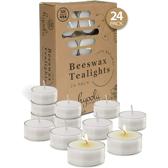 Hyoola 4.5 Hour Natural White Beeswax Tealight Candles - In Clear Plastic (24 Pack)
