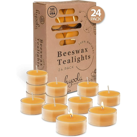 Hyoola, 4.5 Hour Natural Yellow Beeswax Tealight Candles - In Clear Plastic (24 Pack)