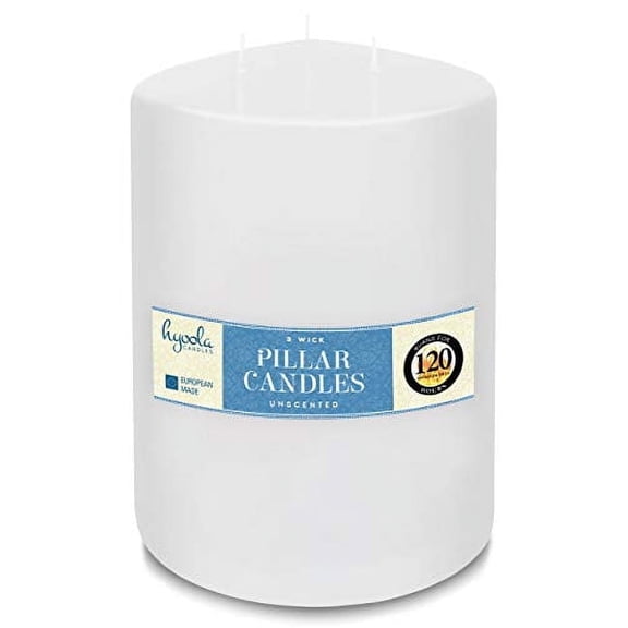 Hyoola 4.75" x 8" White Unscented European Made 3-Wick Pillar Candles, Dripless Paraffin Wax with Smokeless Cotton Wicks