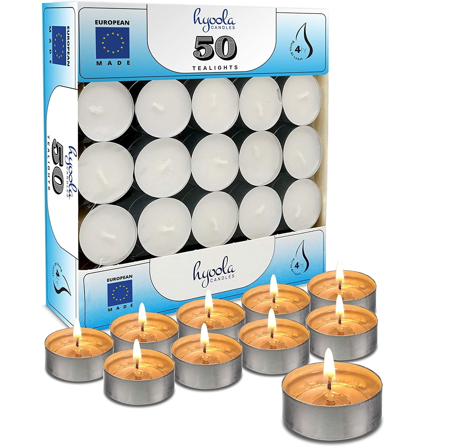Hyoola 4 Hour European Made Unscented Tealight Candles - White (50 Pack)