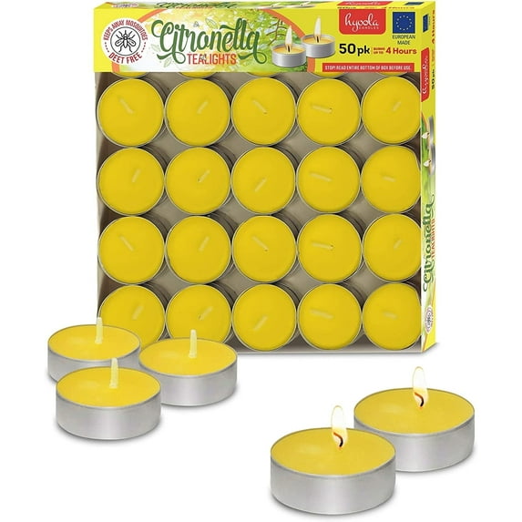 Hyoola 4 Hour Yellow Citronella Scented Tealight Candles, 50-Pack, DEET Free