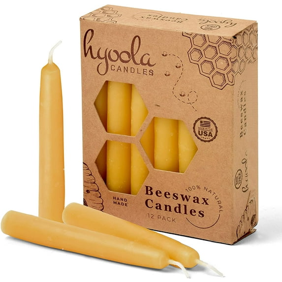 Hyoola, 4 Inch x 1/2 Handmade All Natural Beeswax Taper Candles - Yellow Unscented (12 Pack)