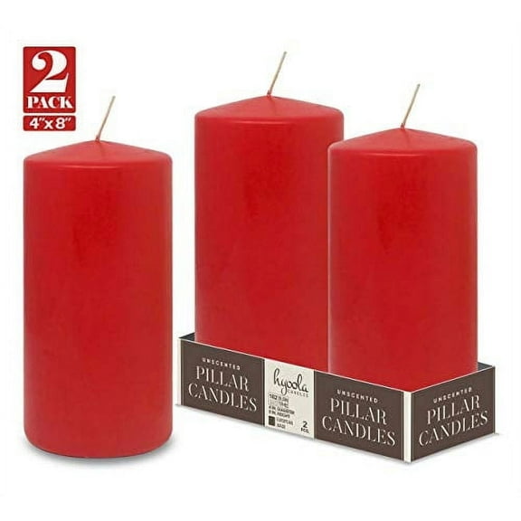 Hyoola 4 x 8 Red Unscented European Made Pillar Candles, Dripless Paraffin Wax with Smokeless Cotton Wicks, 2-Pack