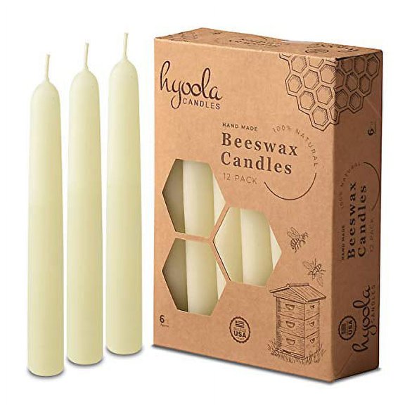Hyoola, 6 Hour Handmade All Natural Beeswax Taper Candles - White Unscented (12 Pack)