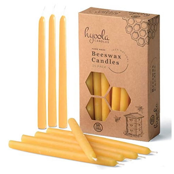 Hyoola, 6 Inch x 3/8 Handmade All Natural Beeswax Taper Candles - Yellow Unscented (25 Pack)