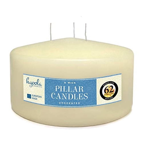 Hyoola 6" x 3" Ivory Unscented European Made 3-Wick Pillar Candles, Dripless Paraffin Wax with Smokeless Cotton Wicks