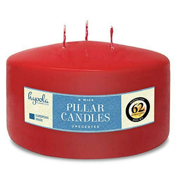 Hyoola 6" x 3" Red Unscented European Made 3-Wick Pillar Candles, Dripless Paraffin Wax with Smokeless Cotton Wicks
