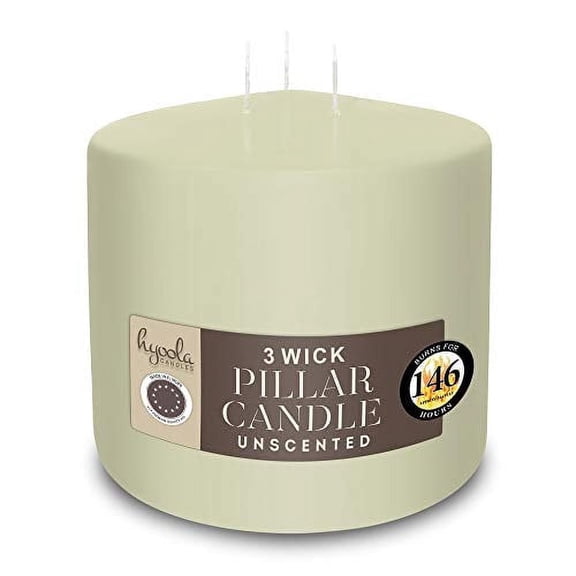 Hyoola 6" x 6" Ivory Unscented European Made 3-Wick Pillar Candles, Dripless Paraffin Wax with Smokeless Cotton Wicks