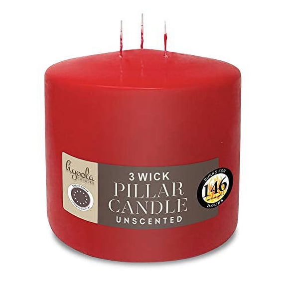 Hyoola 6" x 6" Red Unscented European Made 3-Wick Pillar Candles, Dripless Paraffin Wax with Smokeless Cotton Wicks