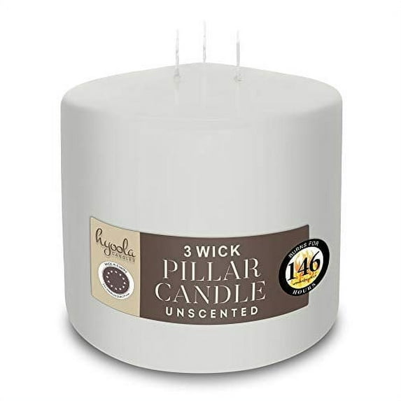 Hyoola 6" x 6" White Unscented European Made 3-Wick Pillar Candles, Dripless Paraffin Wax with Smokeless Cotton Wicks